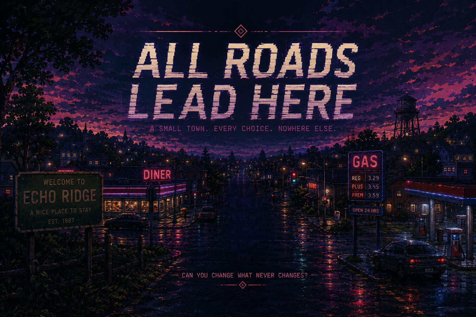 Echo Ridge main street at night in the rain